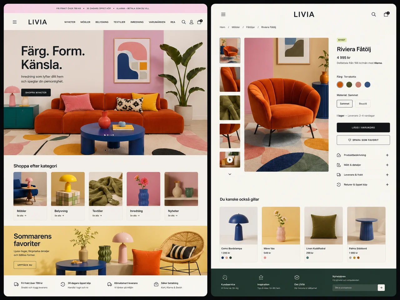 Designkoncept för en färgstark inredningsbutik med startsida och produktsida.